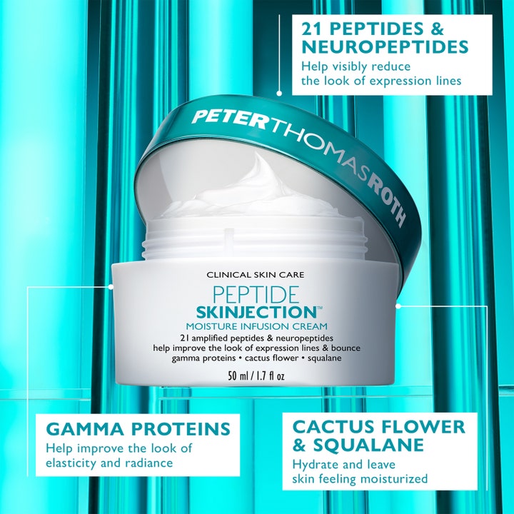 Peter Thomas Roth Peptide Skinjection 50 ml kasvovoide silottaa juonteita peptideillä avatussa purkissa turkoosilla kannella.