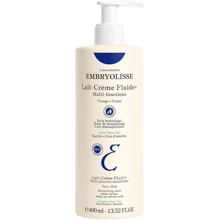Embryolisse Lait-Crème Fluide+ 400 ml kosteuttava monitoimivoide kasvoille ja vartalolle valkoisessa pumppupullossa.