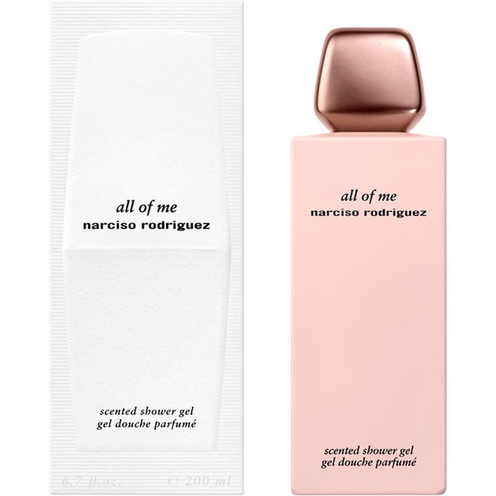 Narciso Rodriguez All Of Me 200 ml suihkugeeli ja valkoinen pakkaus vaaleanpunaisessa pullossa kultaisella korkilla