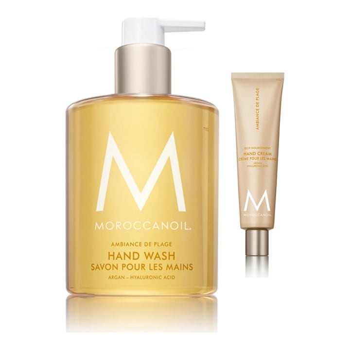 Moroccanoil Ambiance de Plage Hand Wash ja Hand Cream kosteuttava käsienhoitosetti kultaisessa pumppupullossa ja tuubissa
