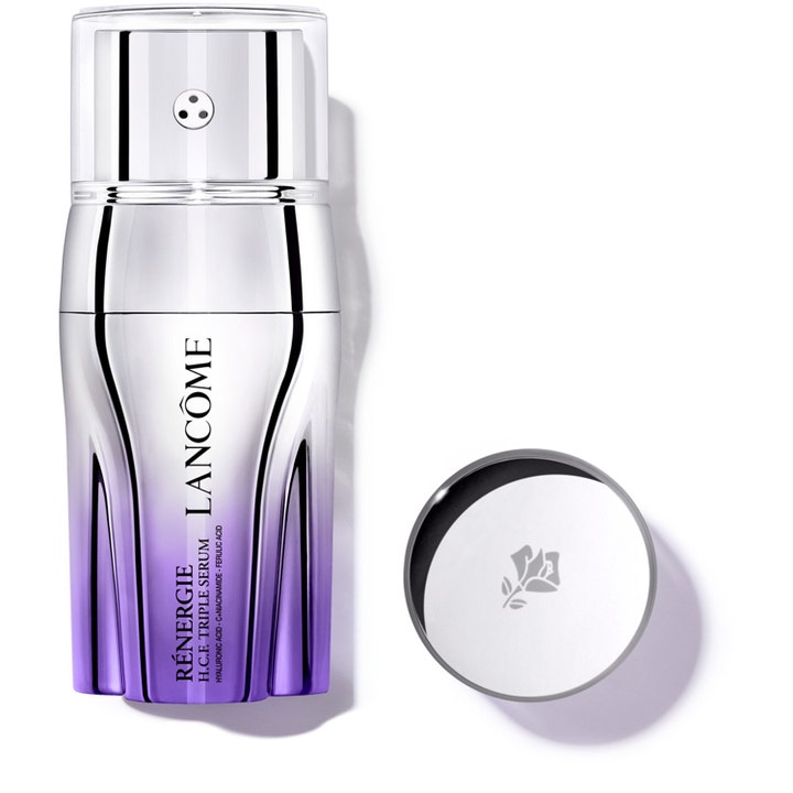 Lancôme Rénergie H.C.F. Triple Serum kiinteyttävä seerumi tyylikkäässä hopeisessa ja violetissa kolmikammiopullossa.