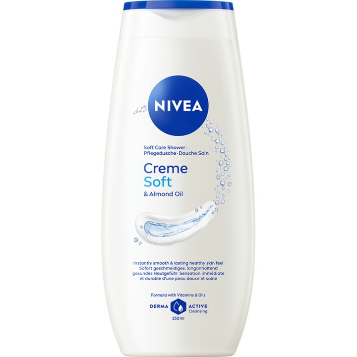 Nivea Creme Soft 250 ml kosteuttava suihkugeeli on valkoinen muovipullo, jossa on sininen korkki ja manteliöljykuva.