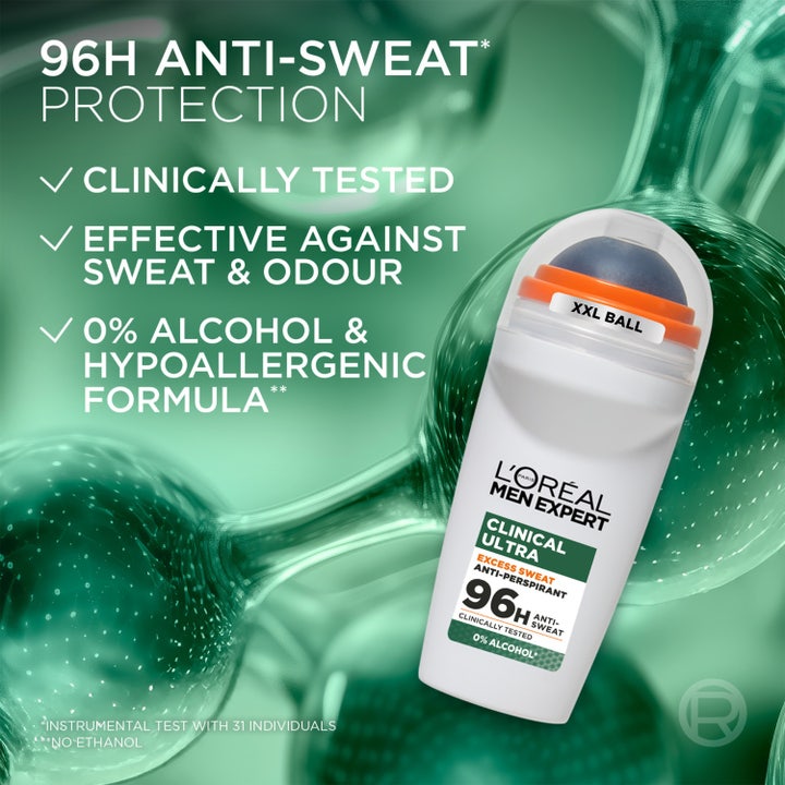 L'Oréal Paris Men Expert Clinical Ultra 50 ml on 96h suojan antava alkoholiton deodorantti XXL-pallolla.