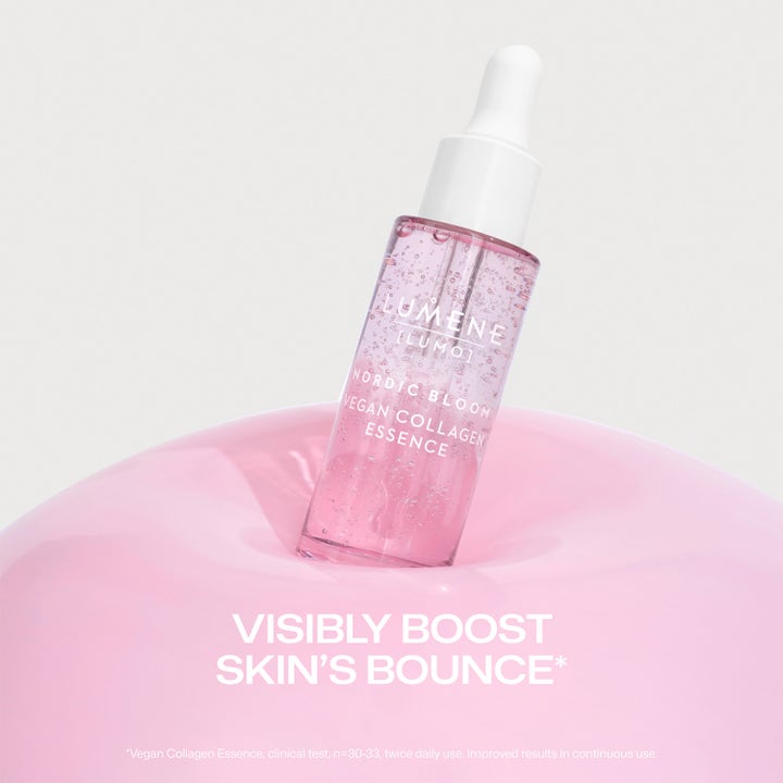 Lumene Vegan Collagen Essence 30 ml kimmoisuutta lisäävä kasvoseerumi vaaleanpunaisessa pipettipullossa.