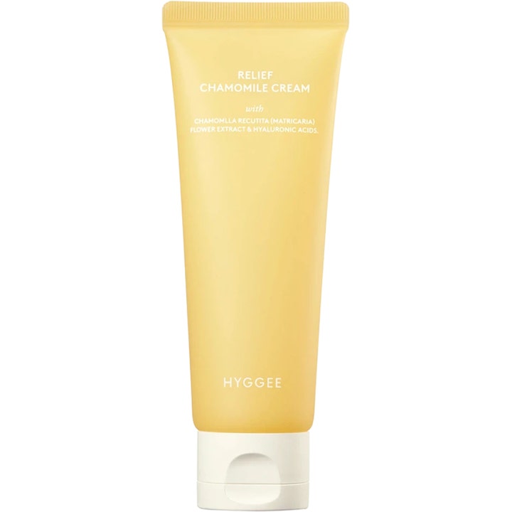 Hyggee Relief Chamomile Cream 80 ml rauhoittava kasvovoide keltaisessa tuubissa valkoisella korkilla.