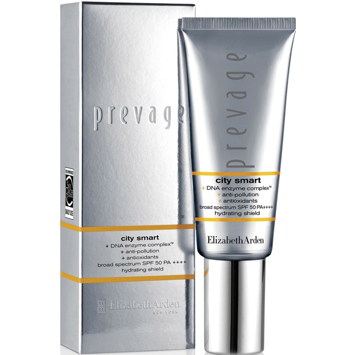 Elizabeth Arden Prevage City Smart 40ml suojaava päivävoide SPF 50 hopeisessa tuubissa ja metallinhohtoisessa rasiassa.