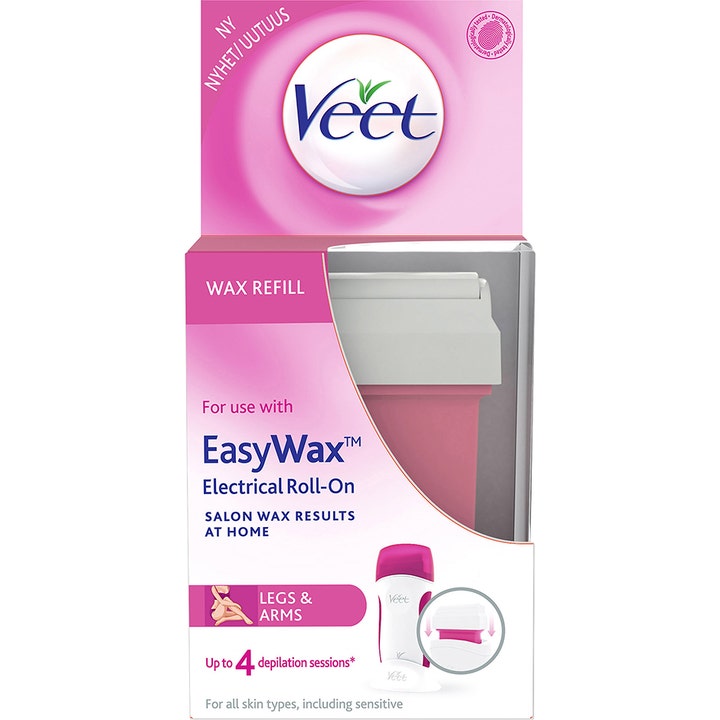 Veet EasyWax Roll-On Wax Refill 50 ml silottava vahatäyttöpakkaus säärille vaaleanpunaisella levityspatruunalla.