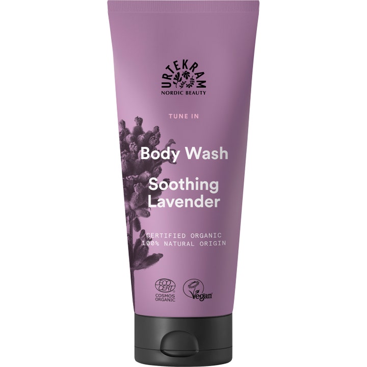 Urtekram Tune In Soothing Lavender 200 ml rauhoittava luomu suihkugeeli liilassa tuubissa mustalla korkilla.