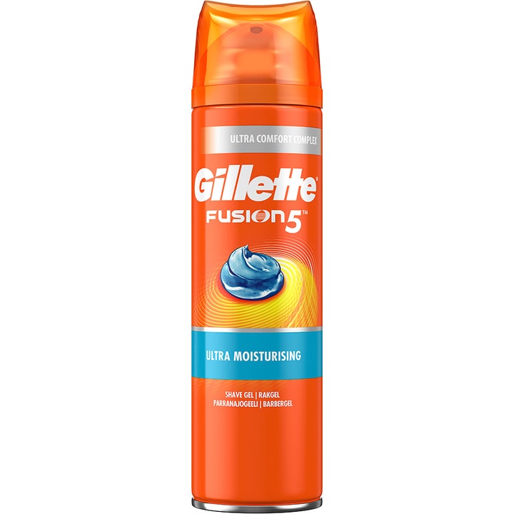 Gillette Fusion 5 Ultra Moisturising parranajogeeli kosteuttaa ihoa oranssissa pullossa jossa on sininen geelikuva.