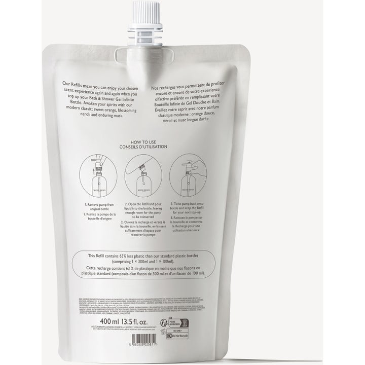 Molton Brown Orange & Bergamot 400 ml suihkugeelin täyttöpussi sisältää käyttöohjeet ja ainesosat.