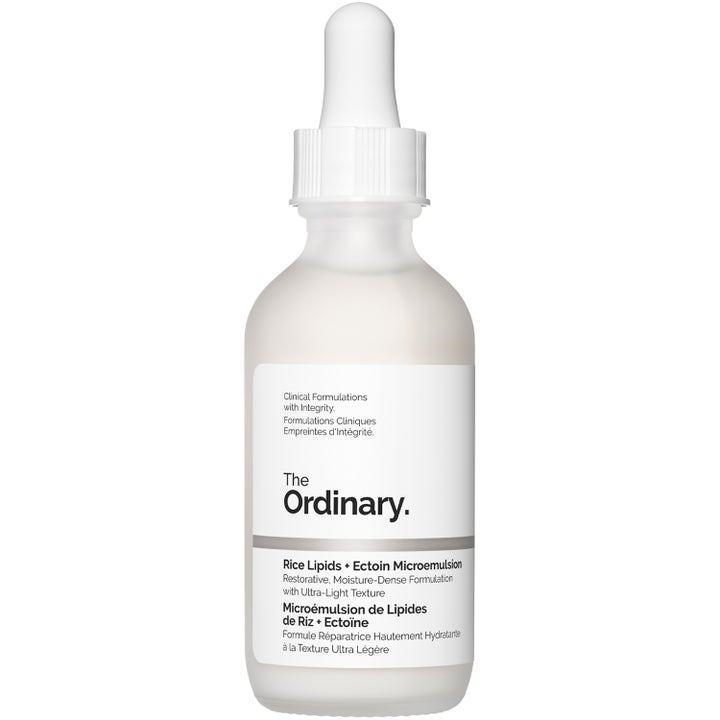The Ordinary Rice Lipids + Ectoin Microemulsion 30 ml korjaava seerumi huurteisessa lasipullossa valkoisella pipetillä