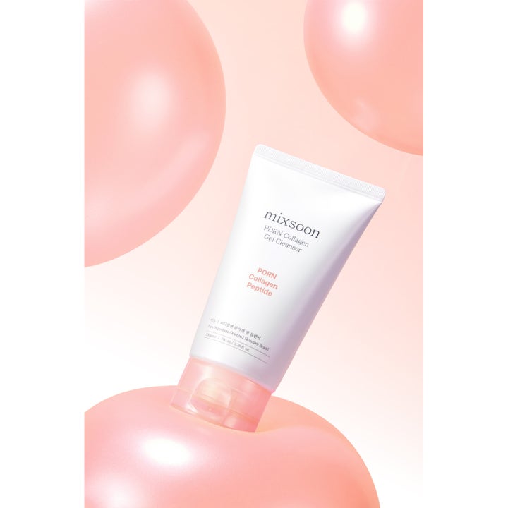 Mixsoon PDRN Collagen Gel Cleanser 100 ml kosteuttava puhdistusgeeli valkoisessa tuubissa vaaleanpunaisten ilmapallojen kera