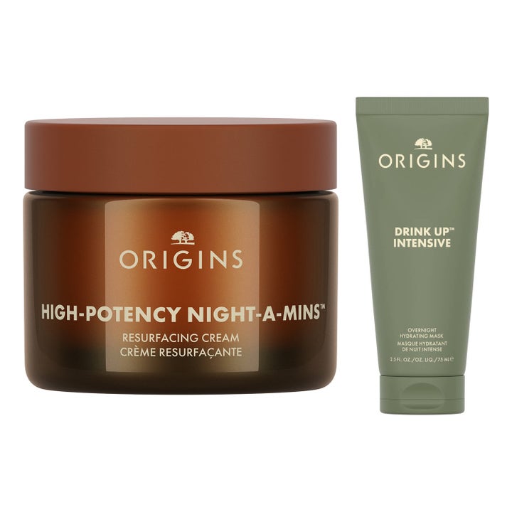 Origins High-Potency Night-A-Mins 50ml ja Drink Up 75ml uudistava yövoide ruskeassa purkissa ja vihreä kosteuttava tuubi