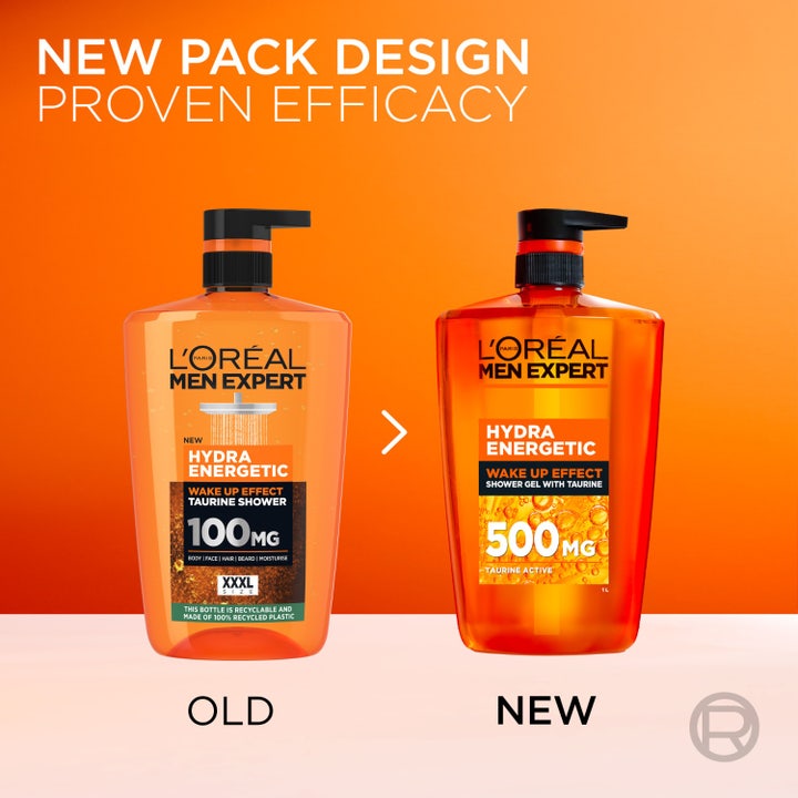 L'Oréal Paris Men Expert Hydra Energetic suihkugeeli 1000 ml ja miesmalli aurinkoisessa elämäntapakuvassa.