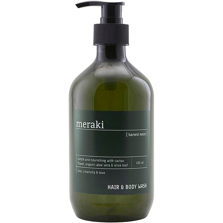 Meraki Harvest Moon Hair & Body Wash 490 ml ravitseva suihkugeeli tummanvihreässä muovipullossa mustalla pumpulla.
