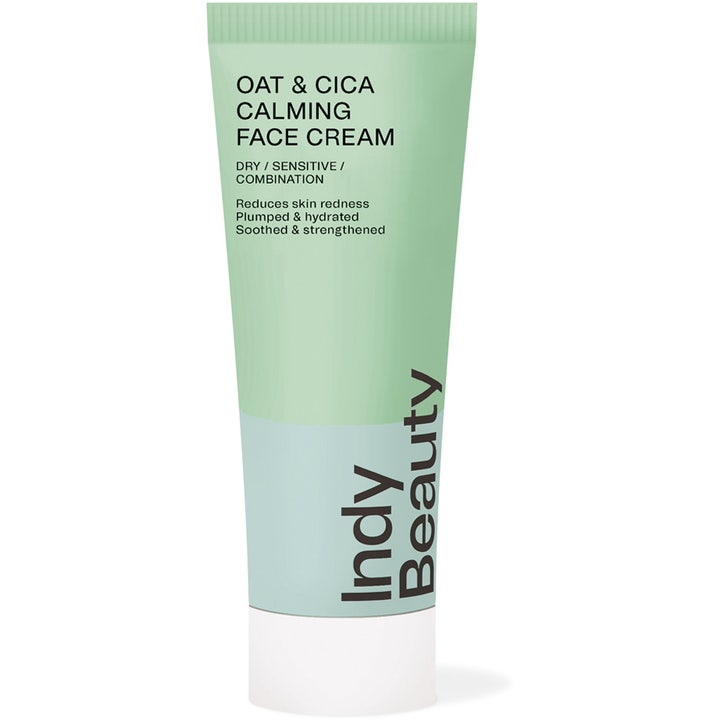Indy Beauty Oat & Cica Calming Face Cream 50 ml rauhoittava kasvovoide mintunvihreässä ja vaaleansinisessä tuubissa