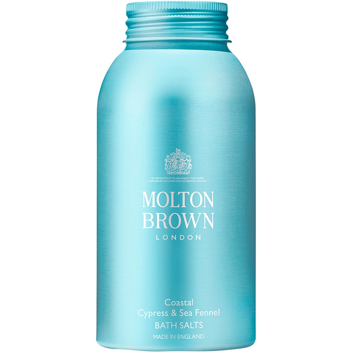 Molton Brown Coastal Cypress & Sea Fennel Bath Salts 300 g virkistävä kylpysuola turkoosissa metallipullossa.