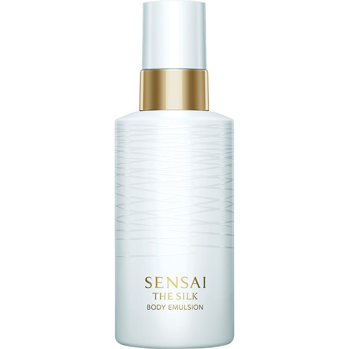 Sensai The Silk Body Emulsion 200 ml silkkistä pehmeyttä antava vartaloemulsio valkoisessa kohokuvioidussa pullossa.