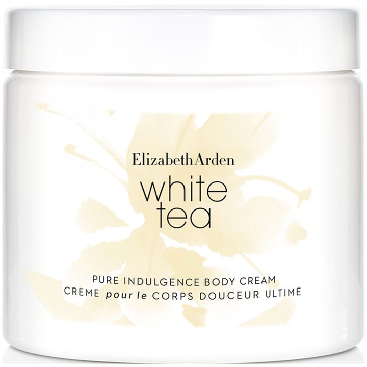 Elizabeth Arden White Tea Pure Indulgence Body Cream kosteuttava vartalovoide valkoisessa purkissa kukkakuviolla.
