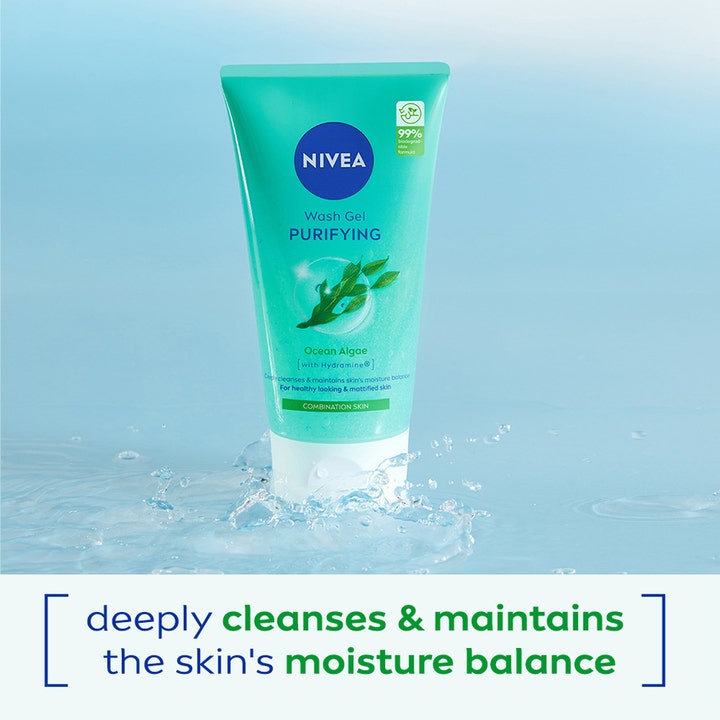 NIVEA Wash Gel Purifying 150 ml syväpuhdistava kasvojenpuhdistusgeeli turkoosissa tuubissa vesiroiskeiden ympäröimänä