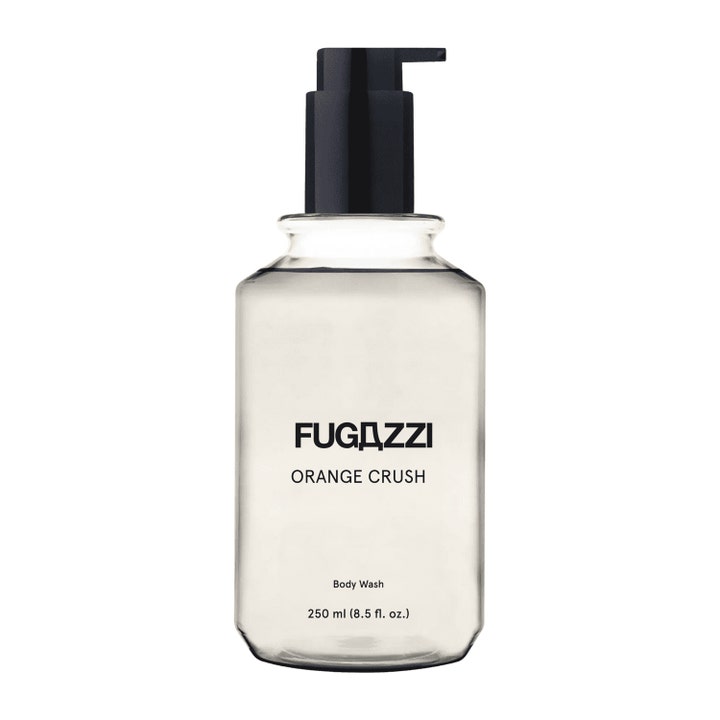 Fugazzi Orange Crush 250 ml puhdistava suihkugeeli läpinäkyvässä muovipullossa mustalla pumppukorkilla.