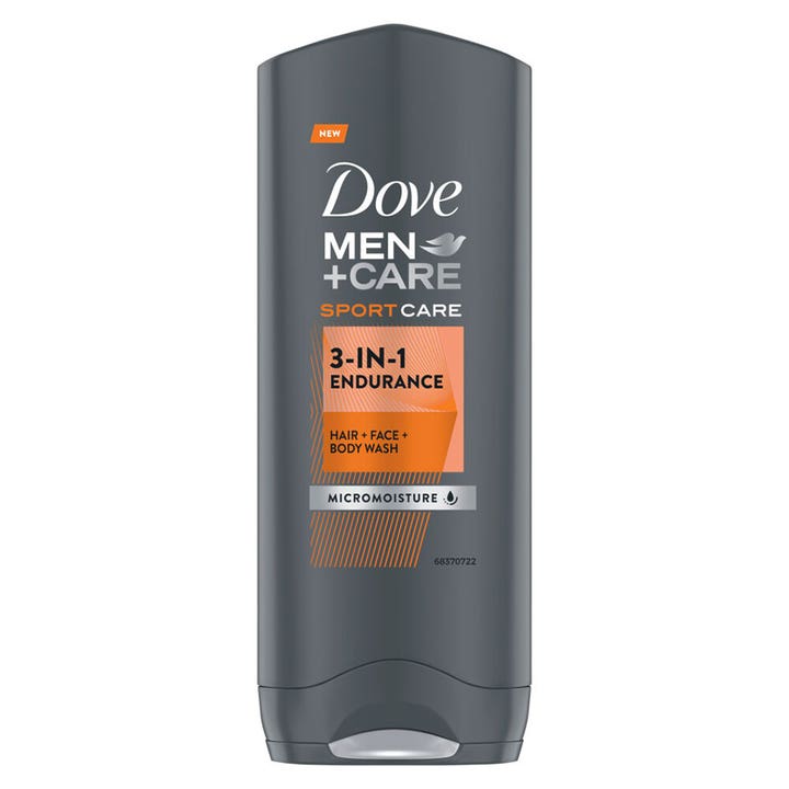 Dove Men+Care Sport Care 3-in-1 Endurance suihkugeeli puhdistaa ja kosteuttaa harmaassa oranssikuvioisessa pullossa