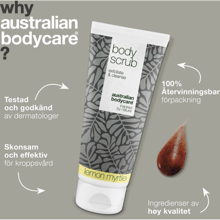Australian Bodycare Body Scrub Lemon Myrtle 200 ml kuorintavoide lehtikuviotuubissa ja ruskea koostumus.