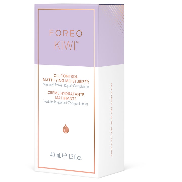 FOREO KIWI Oil Control Mattifying Moisturizer 40 ml päivävoide antaa mattaisen ihon laventelinvärisessä pakkauksessa.