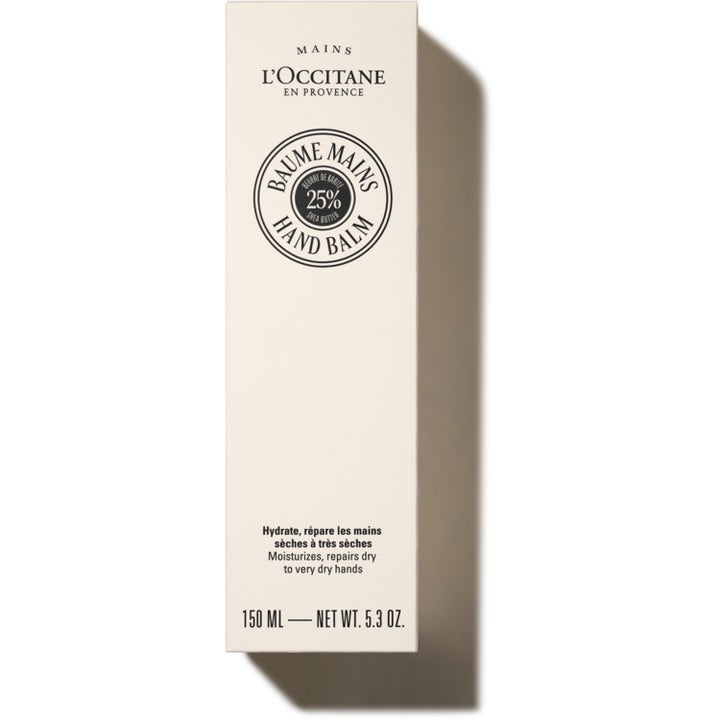 L'Occitane Shea Butter Hand Balm 150 ml kosteuttava käsivoide vaaleassa pahvipakkauksessa.