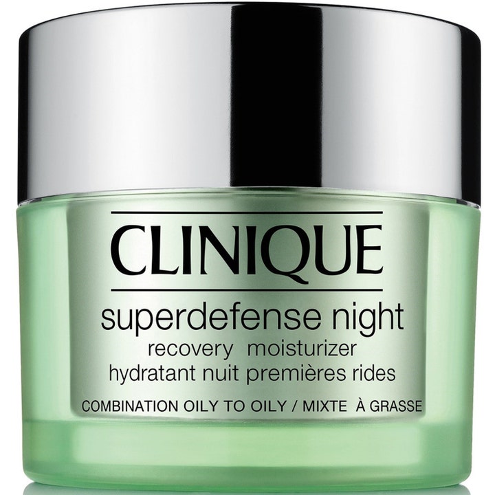 Clinique Superdefense Night Recovery Moisturizer 50 ml elvyttävä yövoide vihreässä lasipurkissa hopeisella korkilla