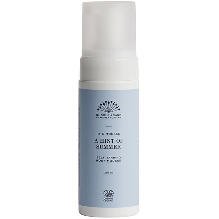 Rudolph Care A Hint of Summer 150 ml päivettävä vartalovaahto valkoisessa pumppupullossa vaaleansinisellä etiketillä.