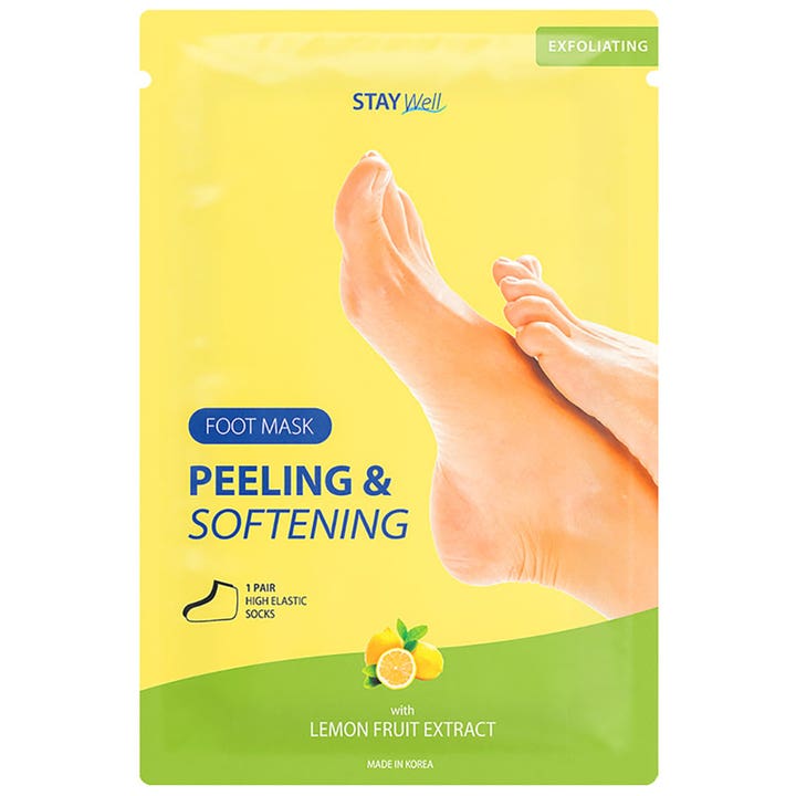 STAY Well Peeling & Softening Foot Mask 1 pari kuoriva jalkanaamio keltaisessa pussissa, jossa on sitruunoiden kuvia.