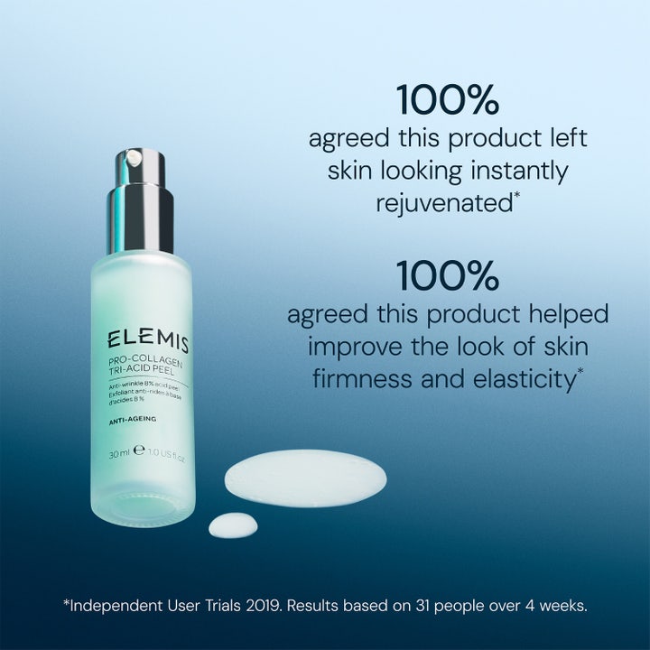 Elemis Pro-Collagen Tri-Acid Peel 30 ml silottava kuorinta-aine, huurteinen pumppupullo ja maitomainen koostumus.