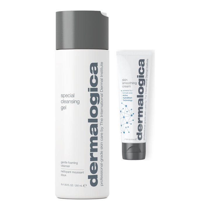 Dermalogica Special Cleansing Gel ja Skin Smoothing Cream puhdistava setti valkoisessa pullossa ja harmaakorkkisessa tuubissa