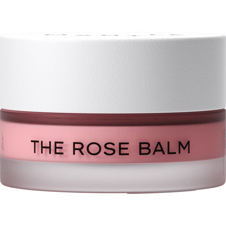 Mantle The Rose Balm 15 ml kosteuttava monitoimivoide huurteisessa lasipurkissa, jossa on vaaleanpunaista voidetta.