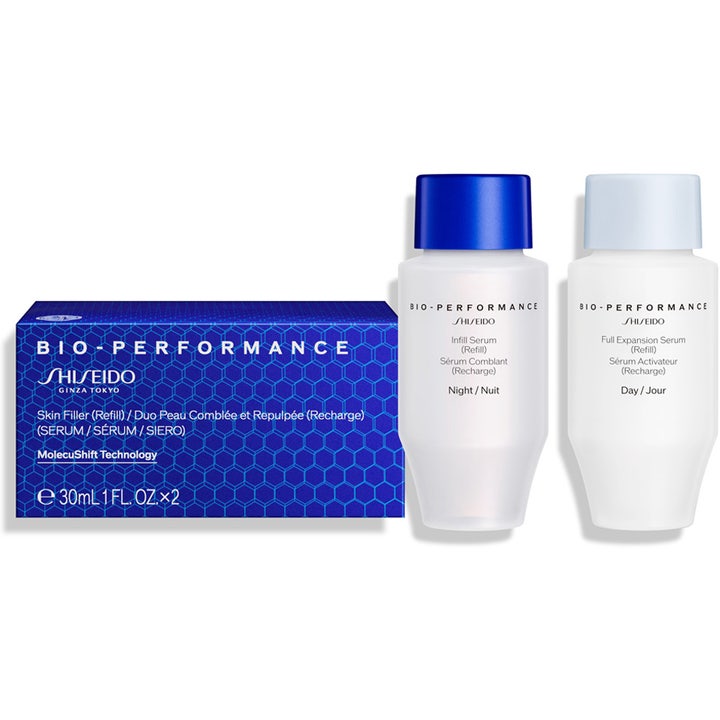 Shiseido Bio-Performance Skin Filler Duo Serum Refill 2x30ml täyteläistävä seerumi sinisessä kennokuvioisessa rasiassa