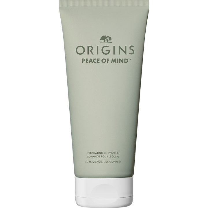 Origins Peace of Mind 200 ml kuoriva vartalokuorinta pehmentää ihoa vaaleanvihreässä tuubissa jossa on valkoinen korkki.