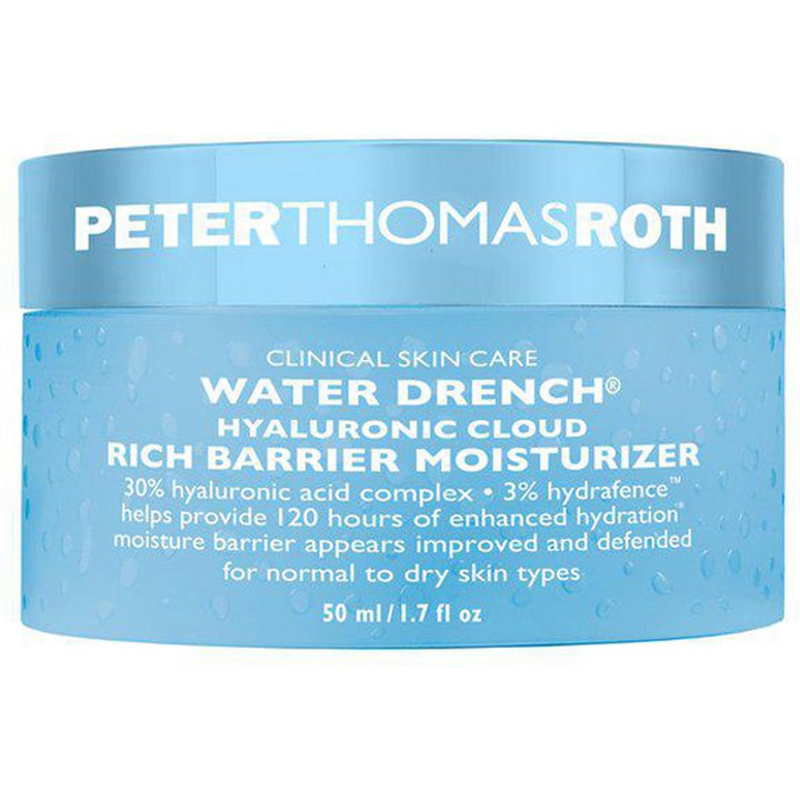 Peter Thomas Roth Water Drench Rich Barrier Moisturizer 50 ml kosteuttava hyaluronihappovoide sinisessä purkissa.