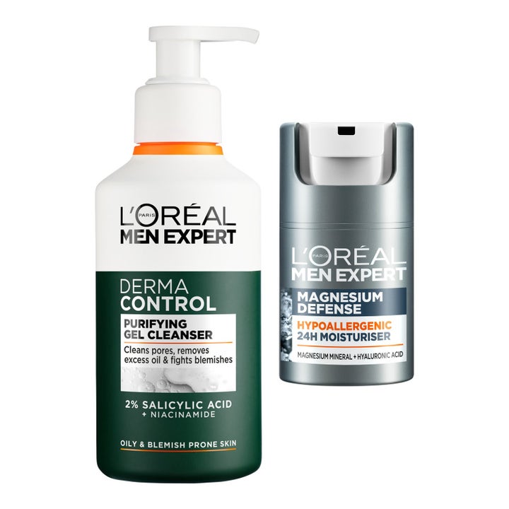 L'Oréal Men Expert Derma Control ja Magnesium Defense puhdistus- ja kosteutussetti valko-vihreässä ja hopeisessa pumppupullossa.
