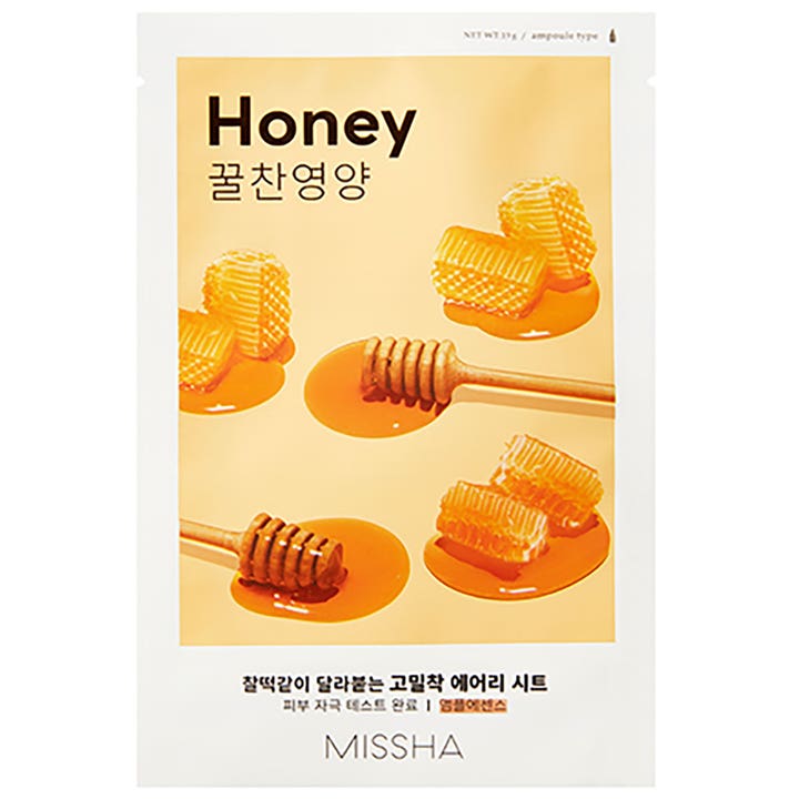 Missha Airy Fit Sheet Mask Honey 19 g ravitseva kangasnaamio, jossa on hunajakennoja keltaisessa pakkauksessa.