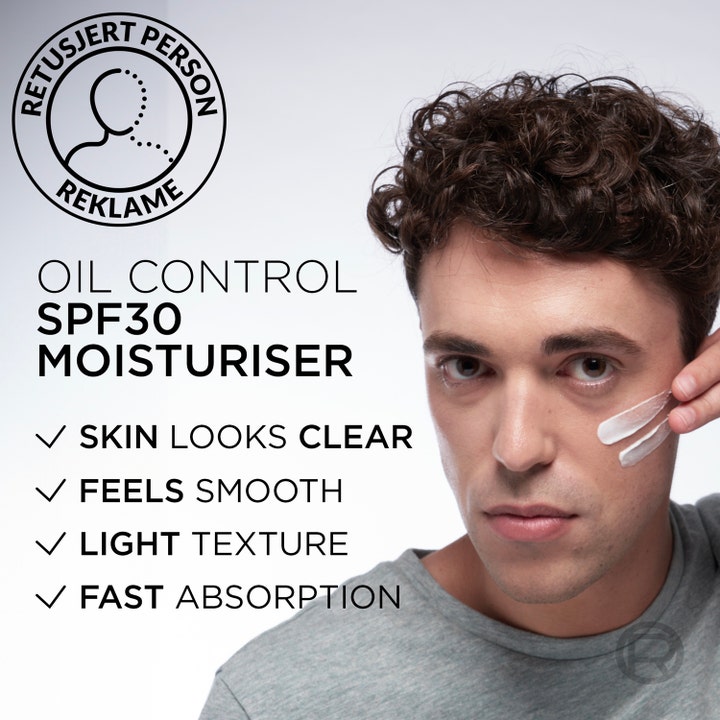 L'Oréal Paris Men Expert Derma Control Moisturiser SPF30 40 ml kosteuttava päivävoide, jota mies levittää poskelleen.