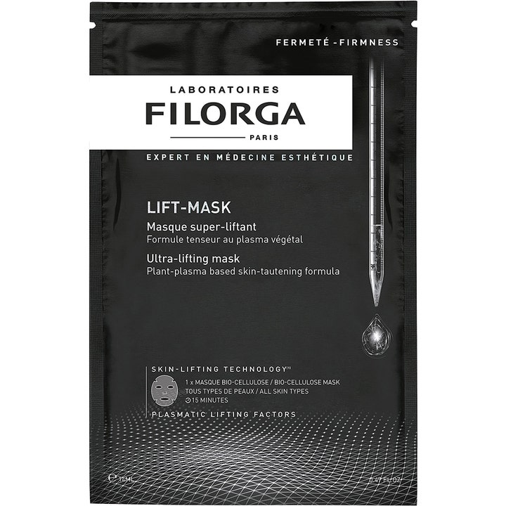 Filorga Lift-Mask 14 ml kiinteyttävä bioselluloosanaamio silottaa ihoa mustassa pussissa jossa on pipettikuvio.