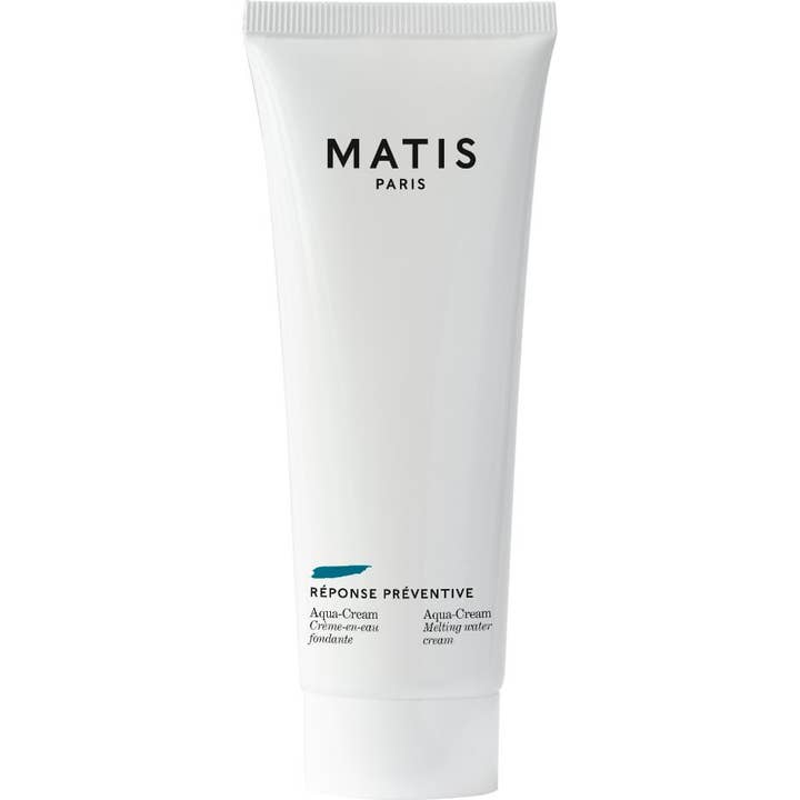 Matis Réponse Préventive Aqua-Cream kosteuttava kasvovoide valkoisessa tuubissa turkoosilla siveltimenvedolla.