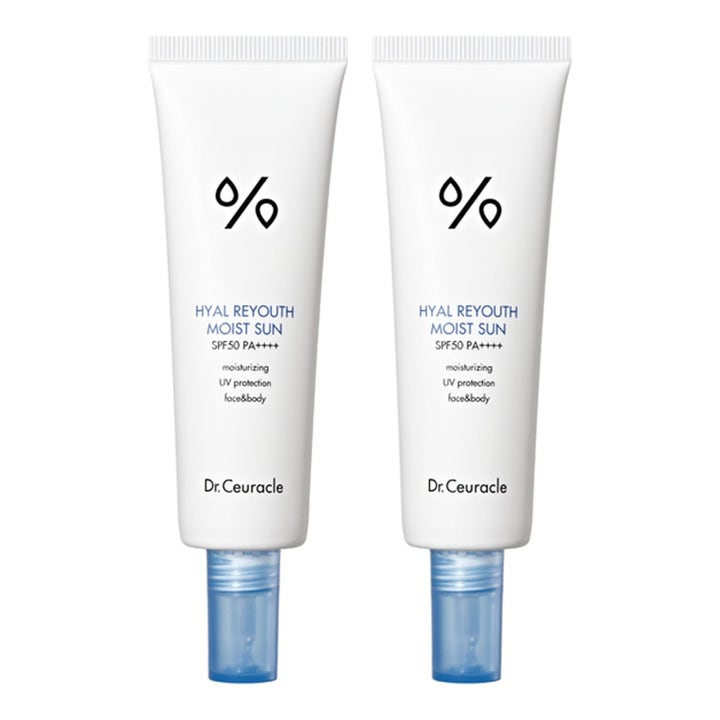 Dr. Ceuracle Hyal Reyouth Moist Sun SPF50 2 kpl kosteuttava aurinkosuoja kaksi valkoista tuubia sinisillä korkeilla