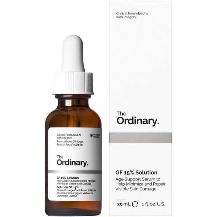 The Ordinary GF 15% Solution 30 ml korjaava seerumi ruskeassa lasipullossa ja valkoisessa pakkauksessa.