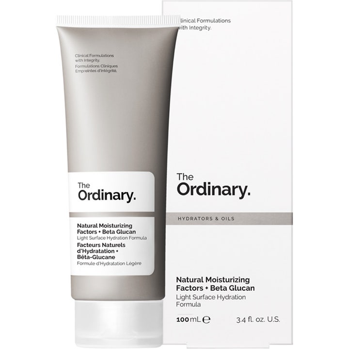 The Ordinary Natural Moisturizing Factors + Beta Glucan 100 ml kosteuttava kasvovoide harmaassa tuubissa ja rasiassa