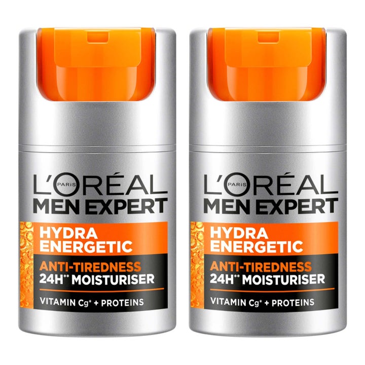 L'Oréal Men Expert Hydra Energetic 50 ml virkistävä kasvovoide kahdessa hopeisessa oranssikorkkisessa pumppupullossa