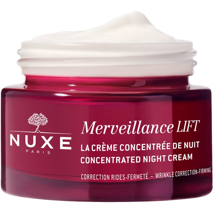 Nuxe Merveillance LIFT 50 ml kiinteyttävä yövoide punaisessa lasipurkissa jossa on täyteläinen valkoinen koostumus