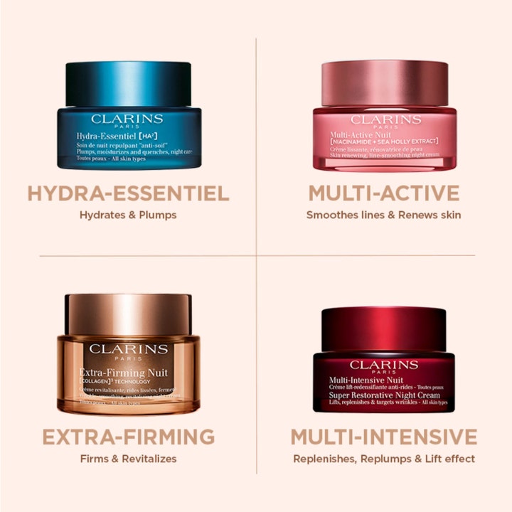 Clarins Extra-Firming Nuit 50 ml kiinteyttävä yövoide ruskeassa lasipurkissa osana Clarinsin yövoidevalikoimaa