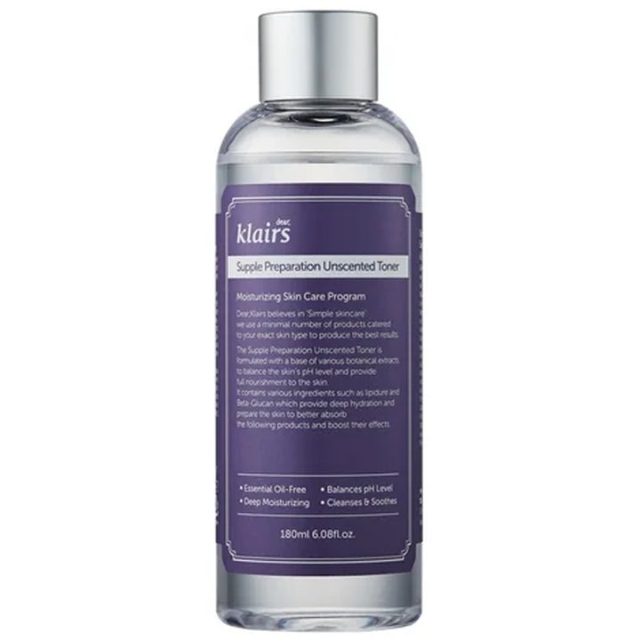 Klairs Supple Preparation Unscented Toner 180 ml hajusteeton kasvovesi kirkkaassa pullossa violetilla etiketillä.